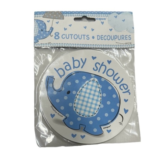 8 baby shower cutout decorations. Blue and white colored, new in packaging! - Picture 1 of 3
